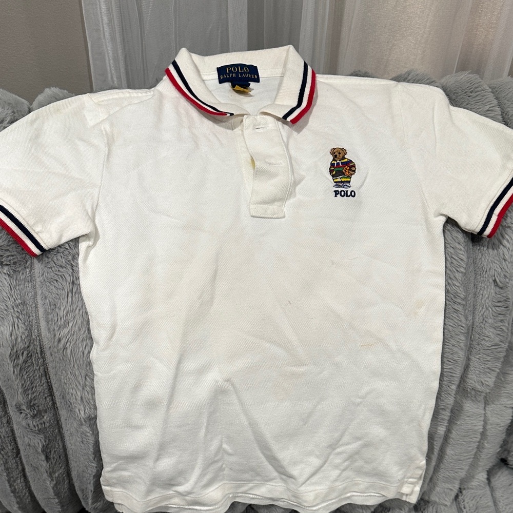 Polo by Ralph Lauren White Polo with Embroidered Bear and Red-Navy Trim